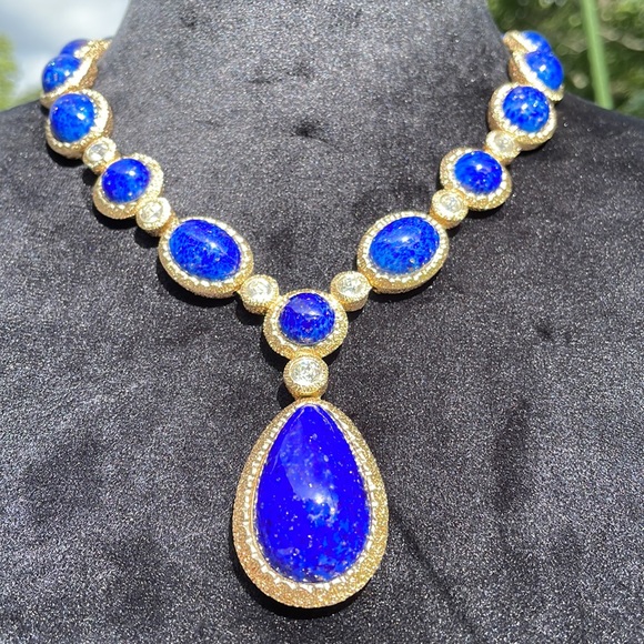 Christian Dior Lapis Lazuli Glass Cabochon Necklace and set  Earrings 80’s RARE - Picture 8 of 13